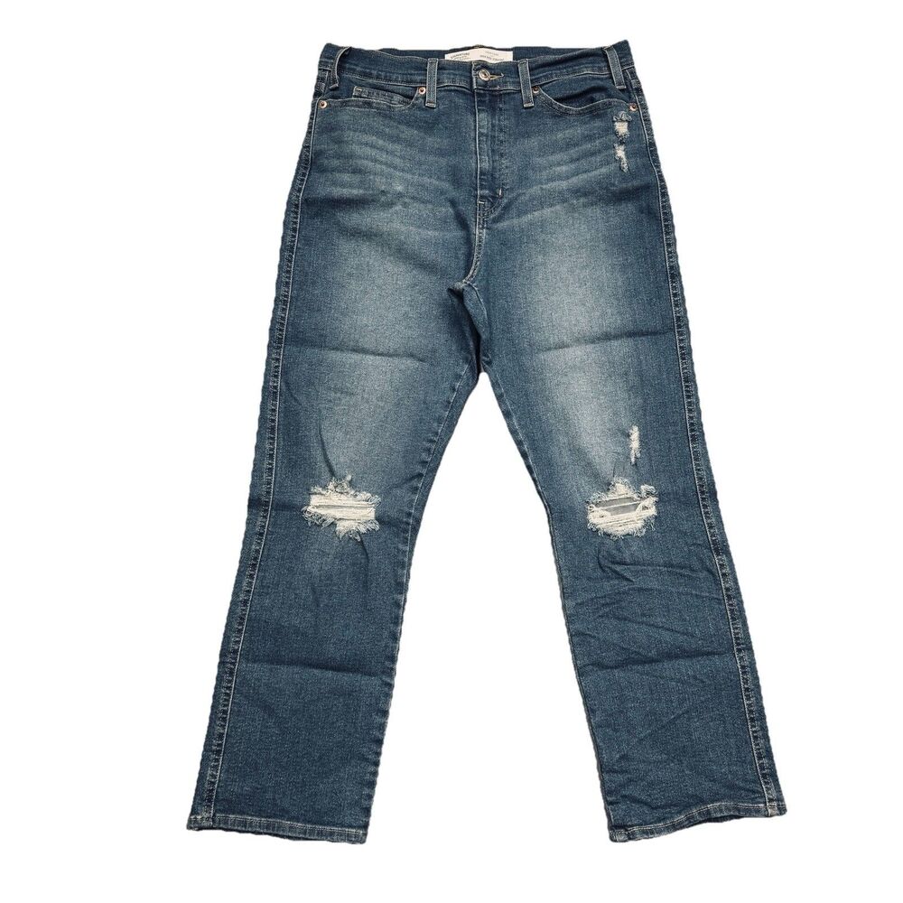 Signature Heritage Straight High Rise Crop Jeans 12 31x25.5 Blue Distress Womens